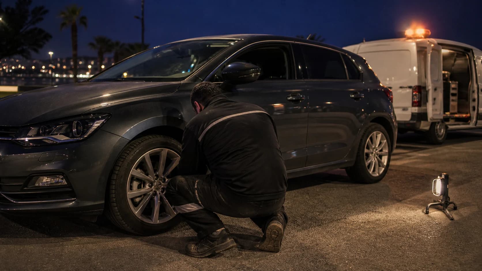Antalya'da gece yol kenarında doğru ekipmanla mobil lastik servisi veren profesyonel usta