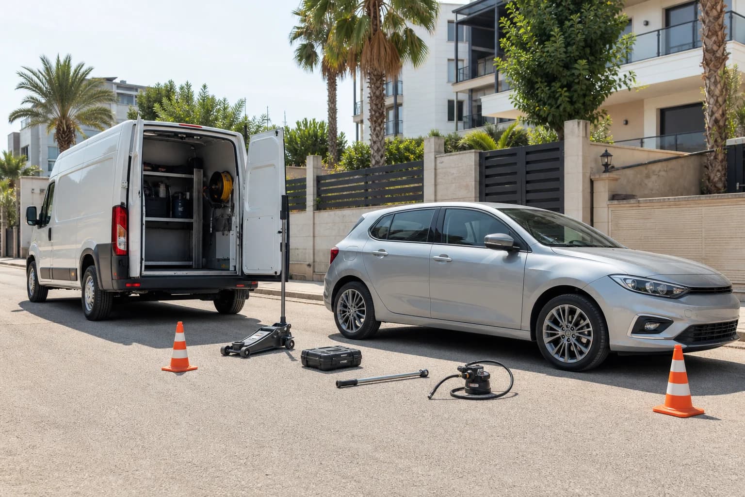 Antalya'da güvenlik konileri ve profesyonel ekipmanlarla hizmet veren mobil lastik servis aracı